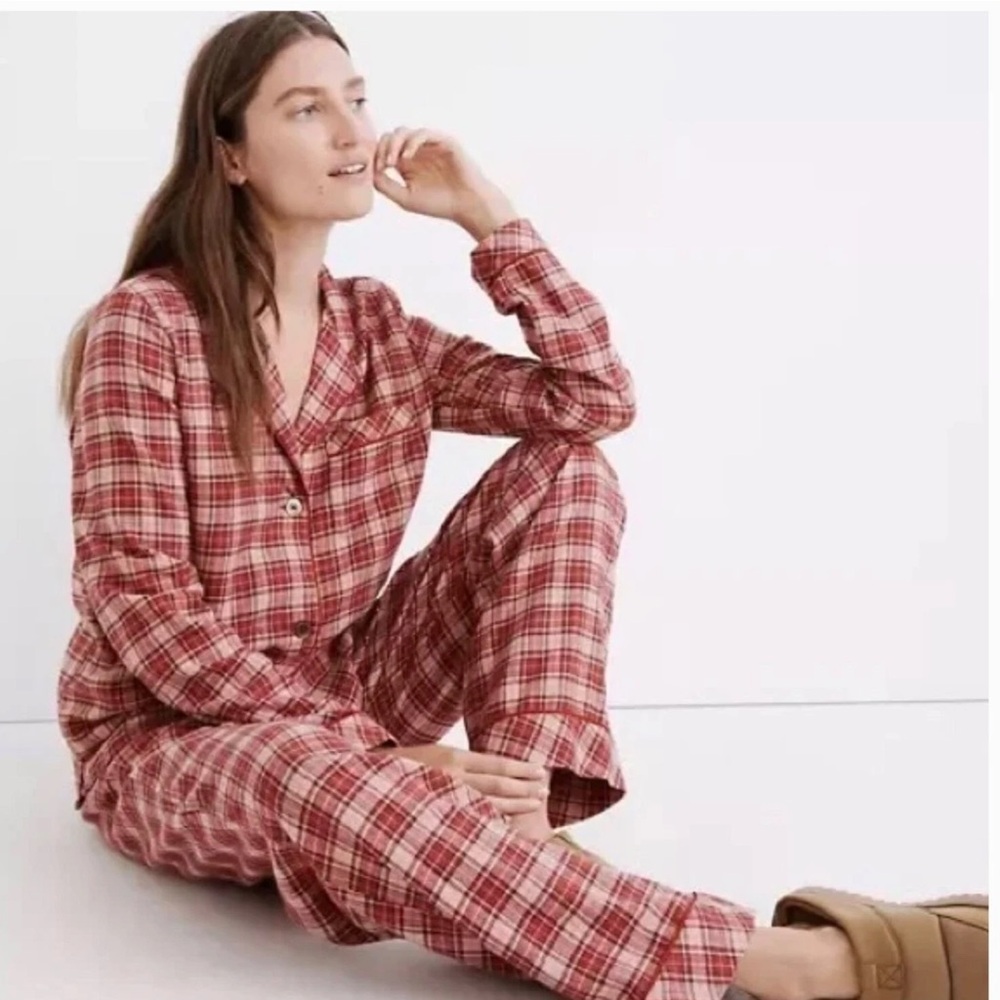 Madewell NWT Bedtime Beiling Plaid Pajama Set (2pc) Size Large in Dark Cinnabar - Picture 2 of 6